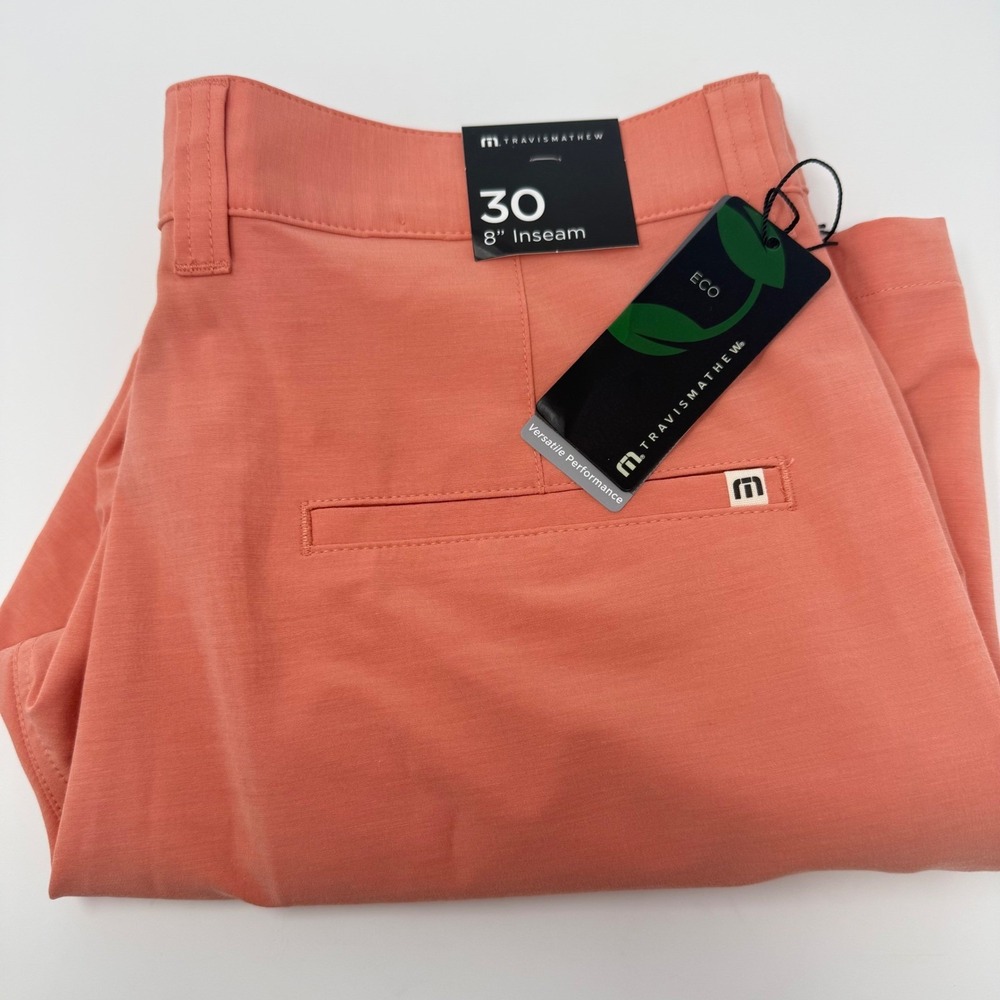 Travis Mathew Men's Tech Chino Shorts Coral Size 30 8" Inseam Golf NEW